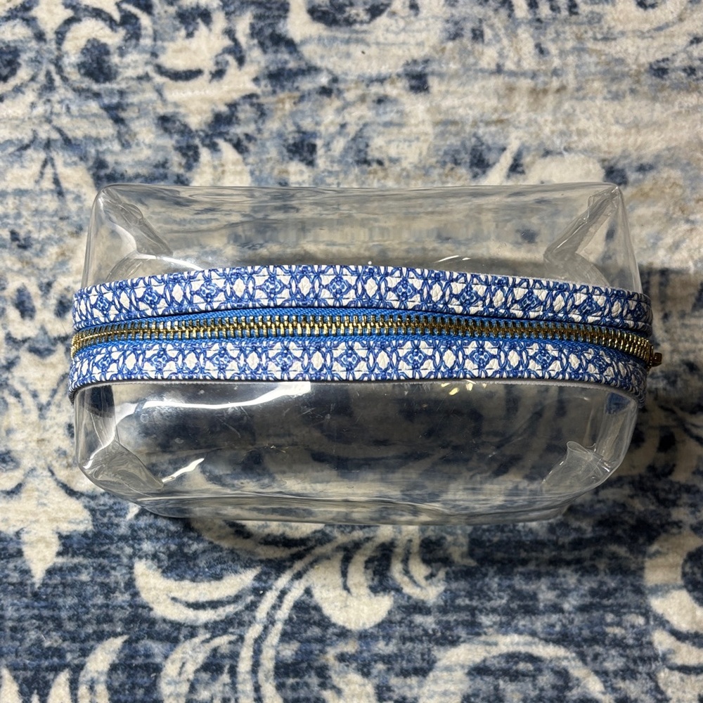 Clear Cosmetic Bag with Blue Patterned Trim